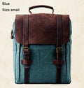 Blue canvas sprayground backpack with leather accents, size small