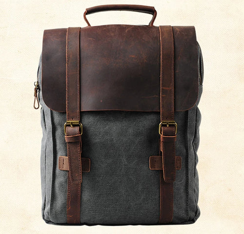 Sprayground backpack in grey canvas with brown leather accents, perfect for daily use