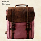 Rose-red sprayground backpack with brown leather accents, ideal for travel