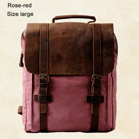 Rose-red sprayground backpack with brown leather accents, ideal for travel