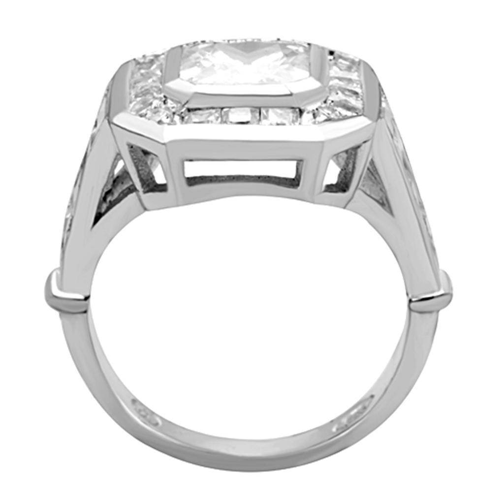 Square cut silver engagement ring with intricate design and sparkling accent stones