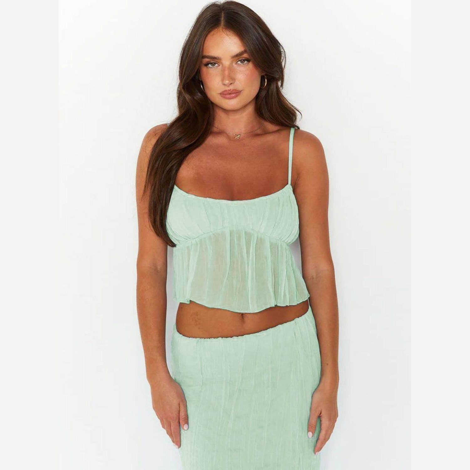 Square Neck Sleeveless Top and Ruched Skirt Set - VacationGrabs