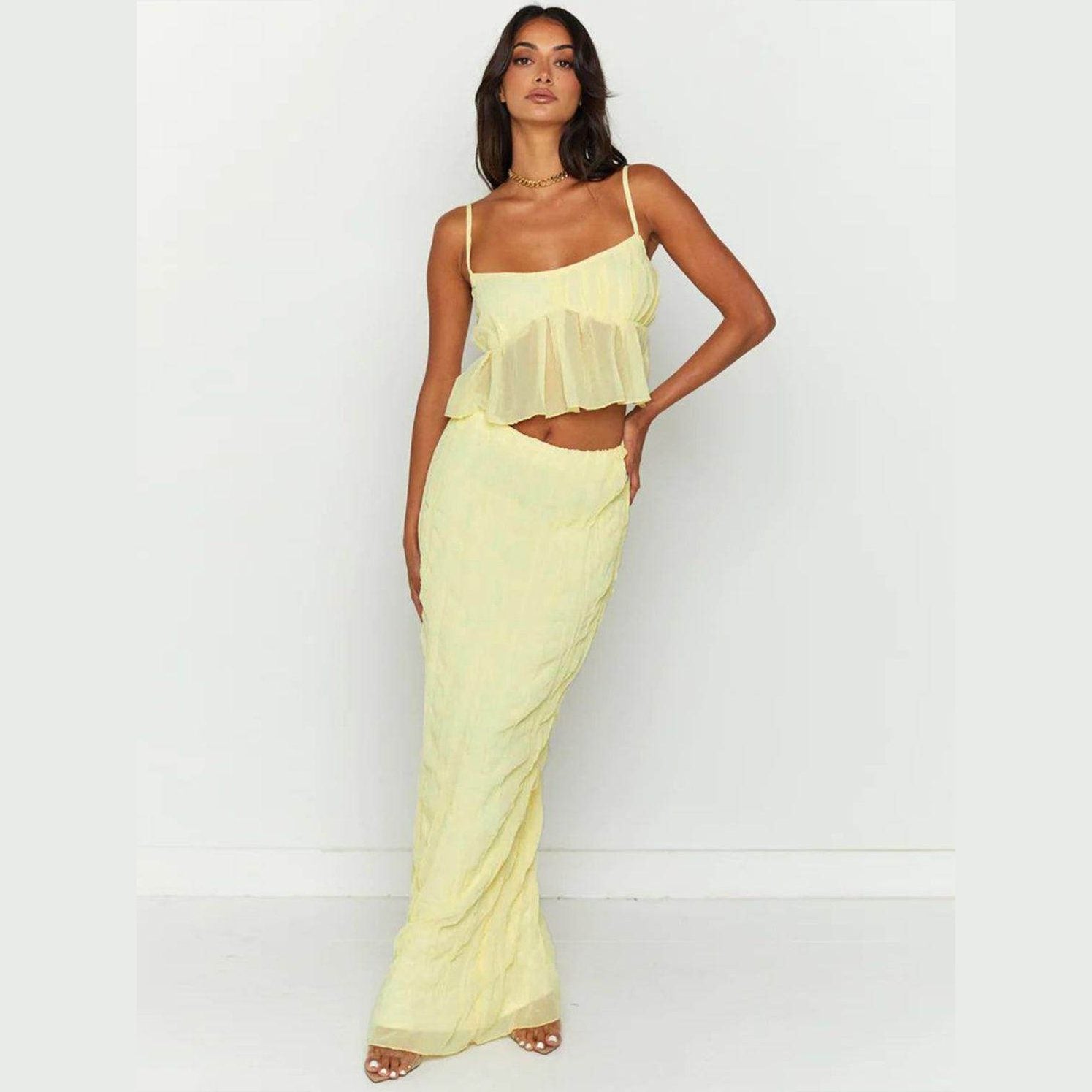 Square Neck Sleeveless Top and Ruched Skirt Set - VacationGrabs