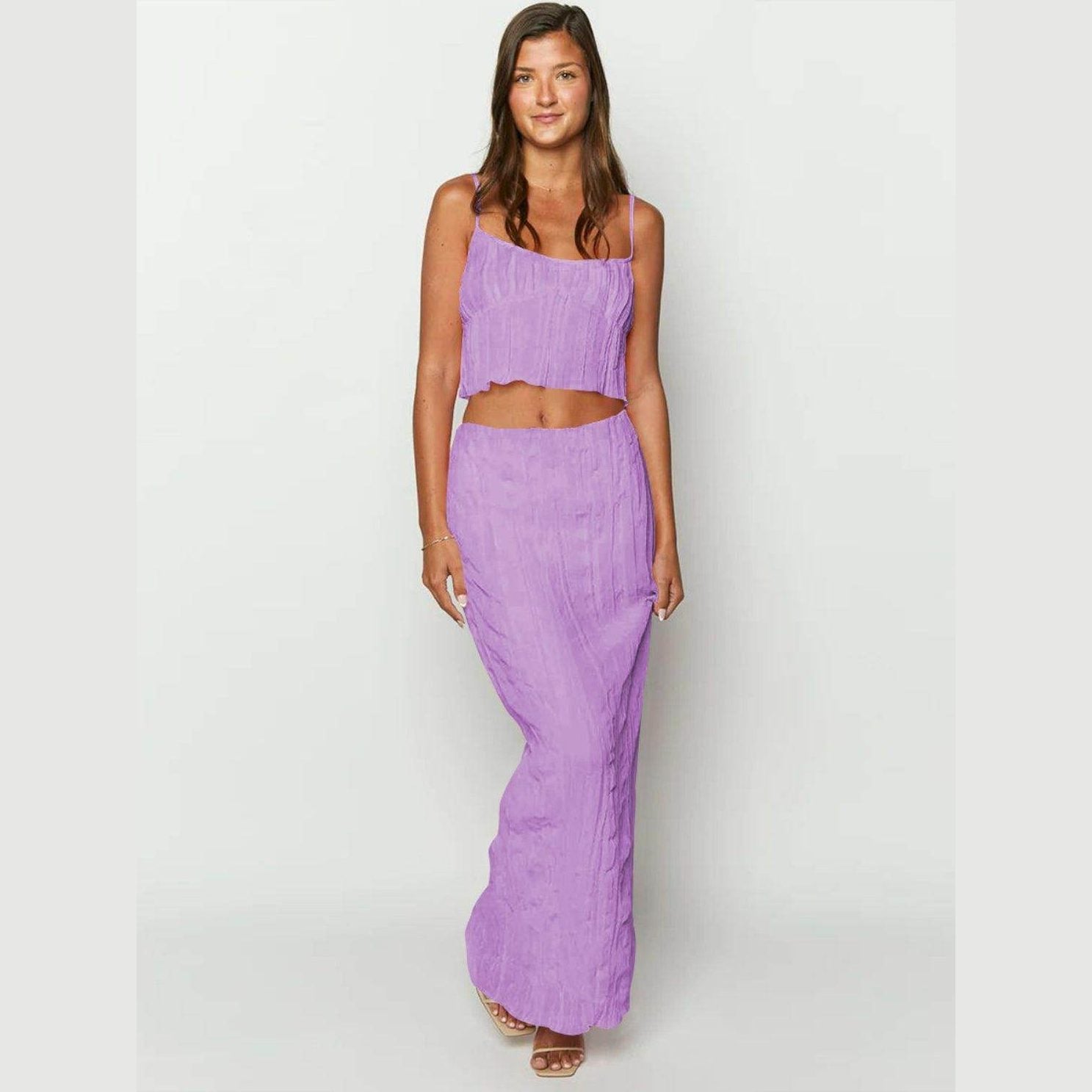 Square Neck Sleeveless Top and Ruched Skirt Set - VacationGrabs