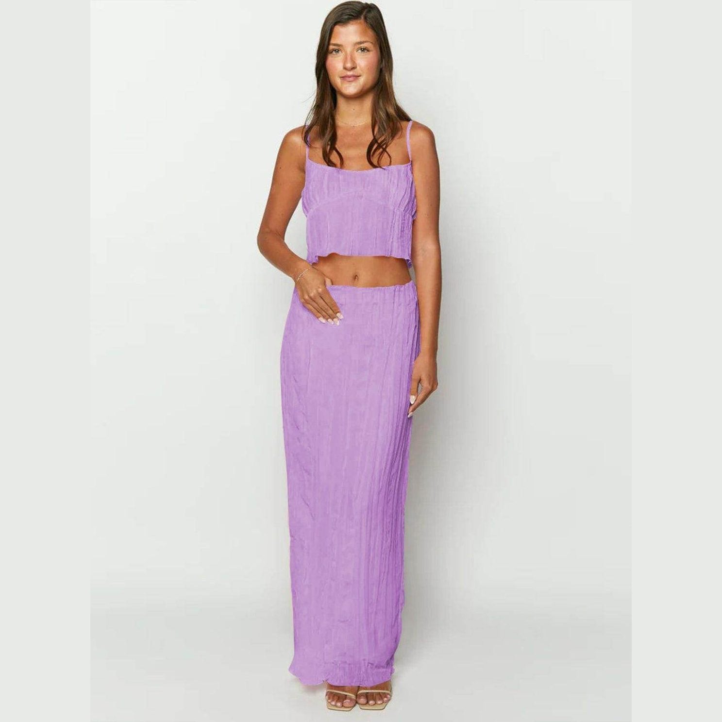 Square Neck Sleeveless Top and Ruched Skirt Set - VacationGrabs