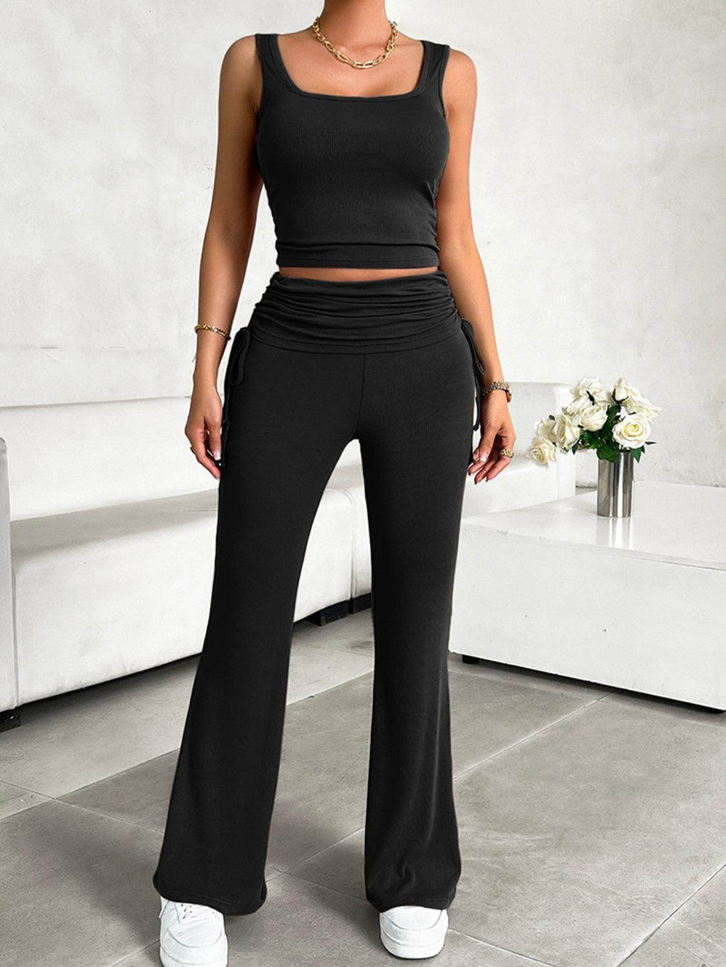 Square Neck Tank and Drawstring Pants Set - VacationGrabs