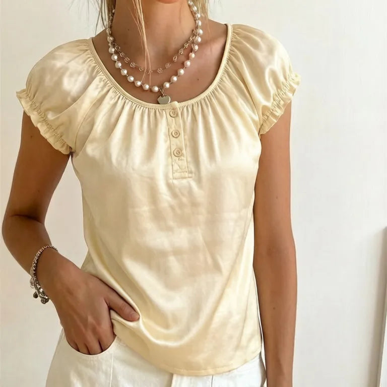 Yellow satin square neck top with short puff sleeves, perfect for casual outings