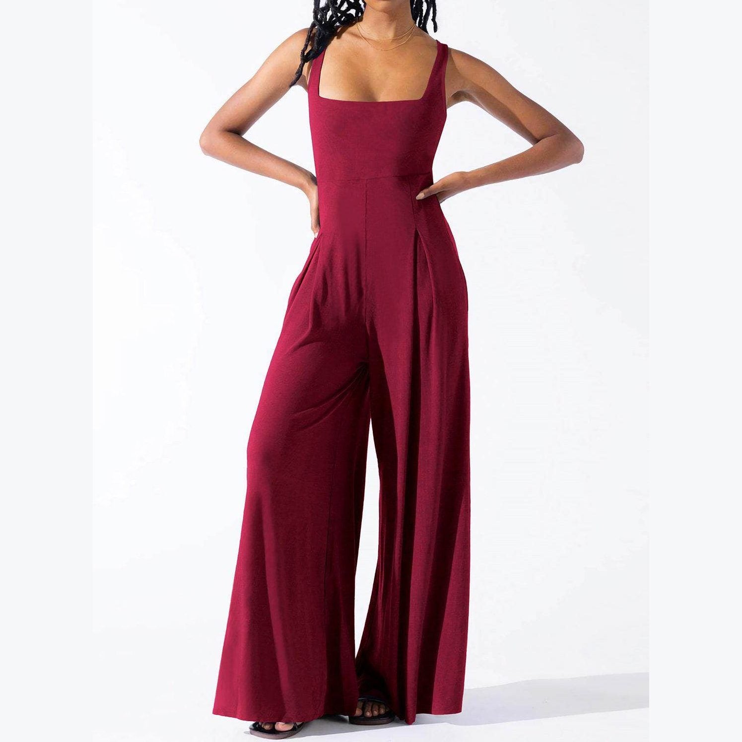 Square Neck Wide Strap Jumpsuit - VacationGrabs