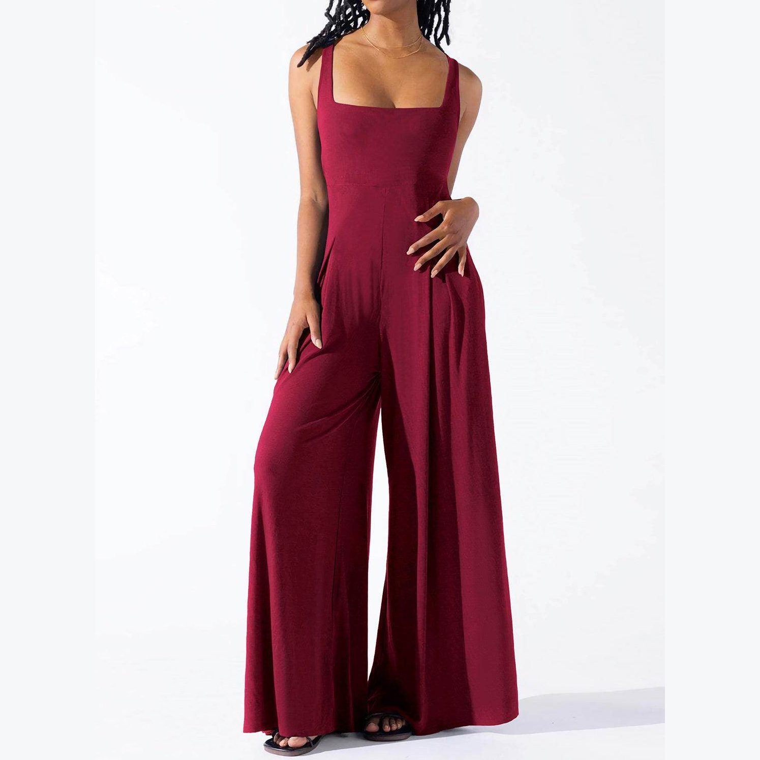 Square Neck Wide Strap Jumpsuit - VacationGrabs