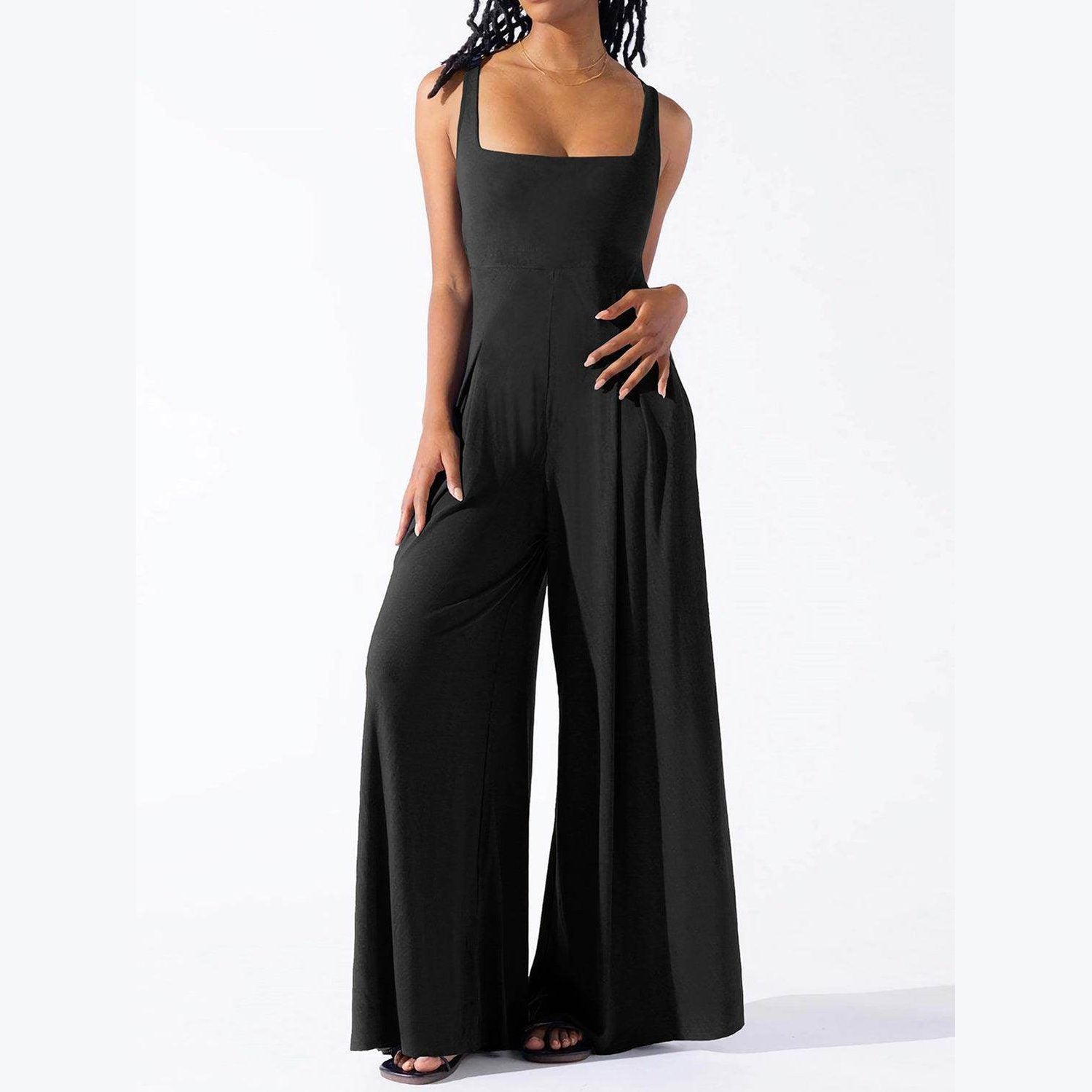 Square Neck Wide Strap Jumpsuit - VacationGrabs