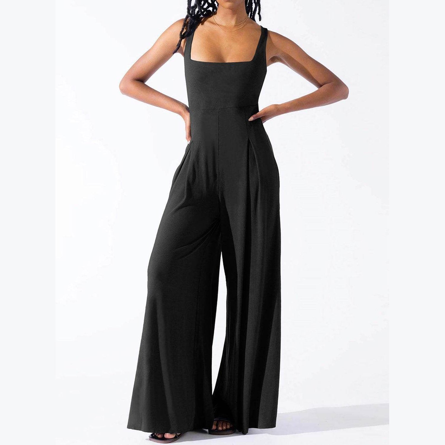 Square Neck Wide Strap Jumpsuit - VacationGrabs