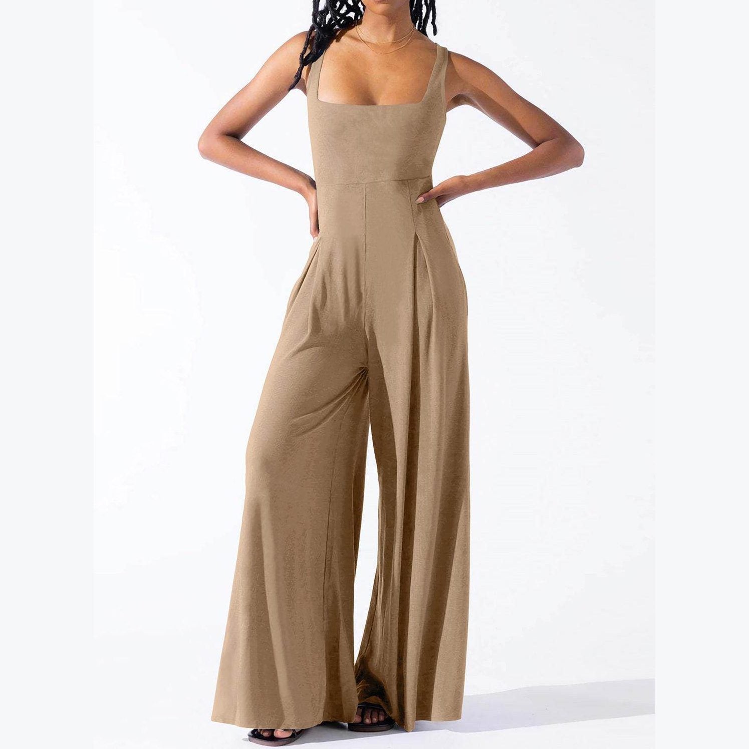 Square Neck Wide Strap Jumpsuit - VacationGrabs