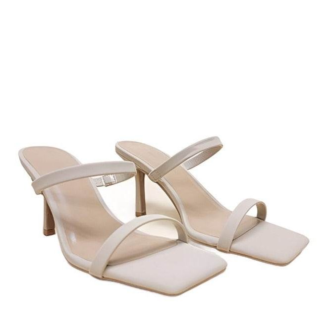 Let's See Style Women's Square Toe Casual Heels in Cream Color with Sleek Straps and Stiletto Heels
