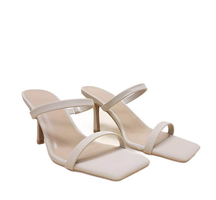 Let's See Style Women's Square Toe Casual Heels in Cream Color with Sleek Straps and Stiletto Heels