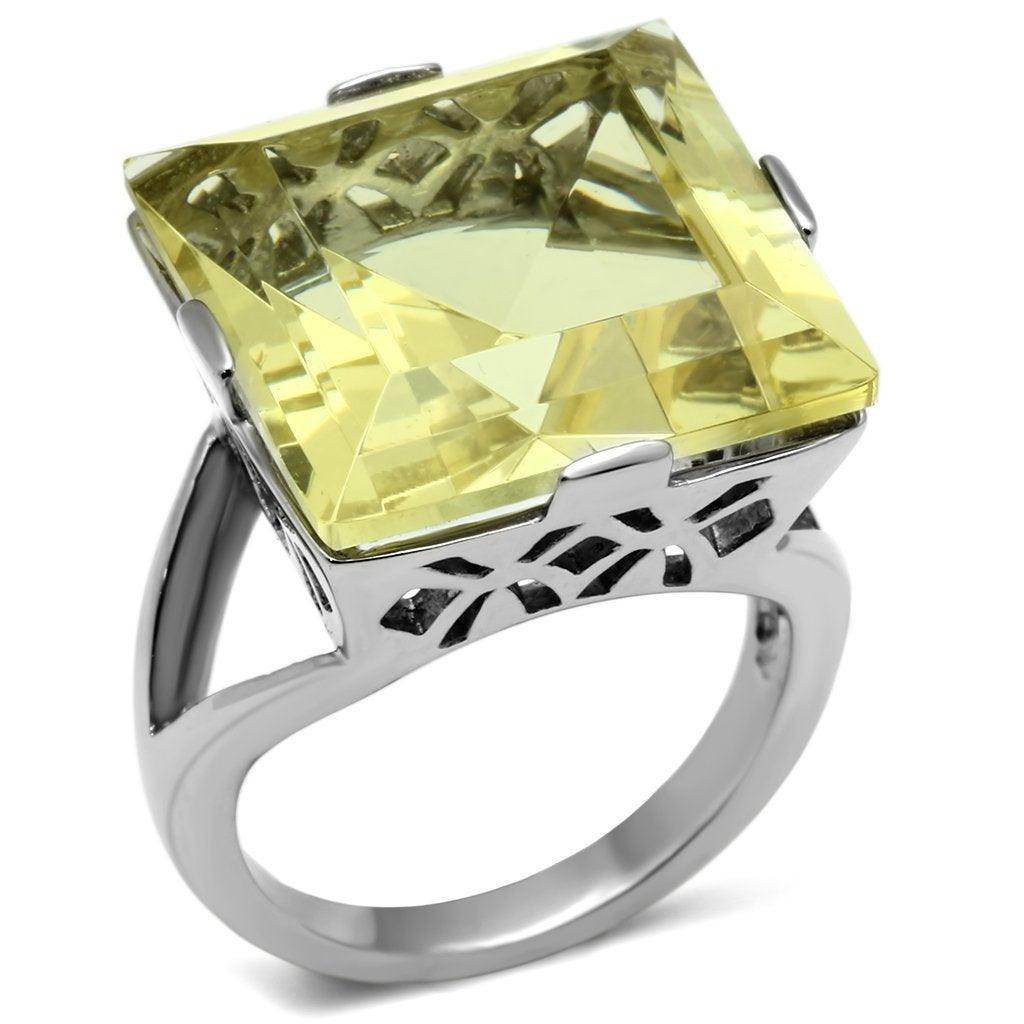 Square yellow gemstone ring for women with a silver band and intricate design details