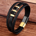 Men's black leather braided wristband with stainless steel clasp bracelet for stylish accessory