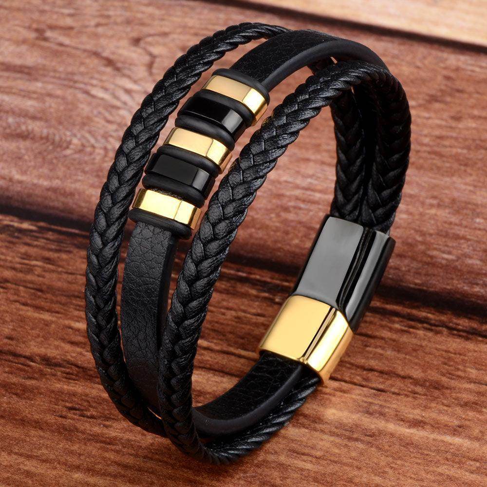 Men's black leather braided wristband with stainless steel clasp bracelet for stylish accessory