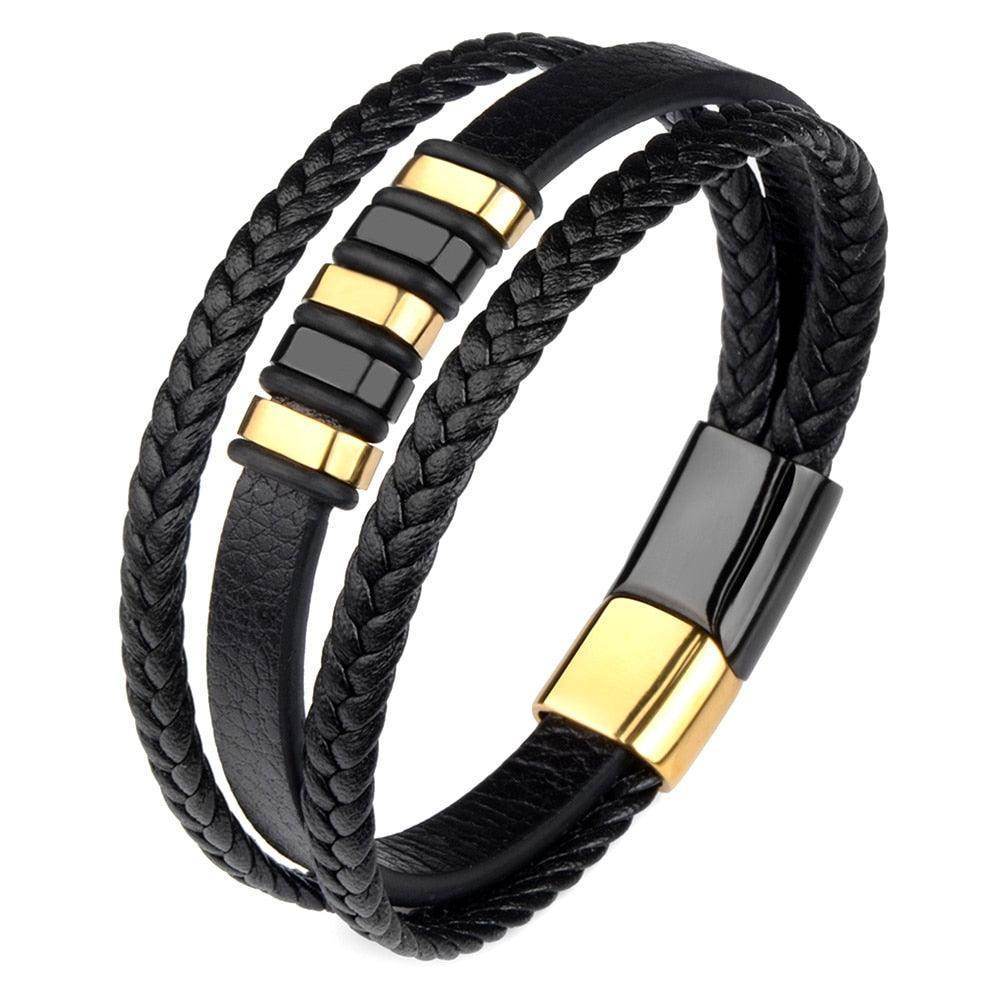 Stylish men's wristband featuring a stainless steel clasp bracelet with braided leather design