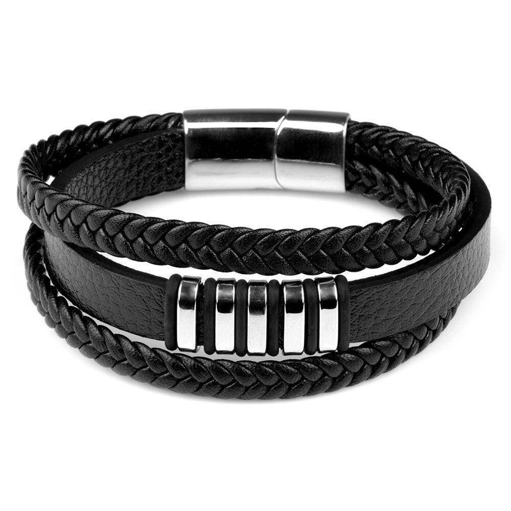 Men's black leather wristband with stainless steel clasp bracelet for a stylish and durable look