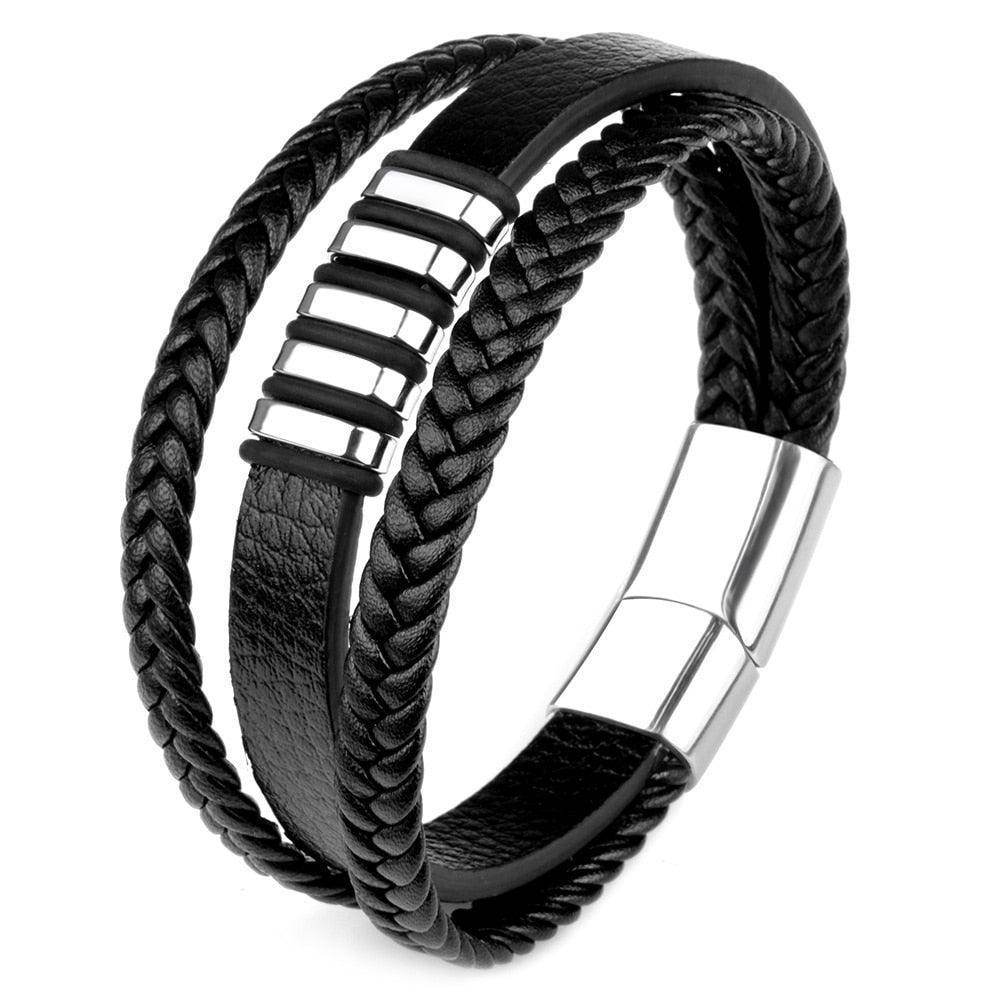 Men's black leather wristband featuring a stainless steel clasp bracelet for stylish accessory wear
