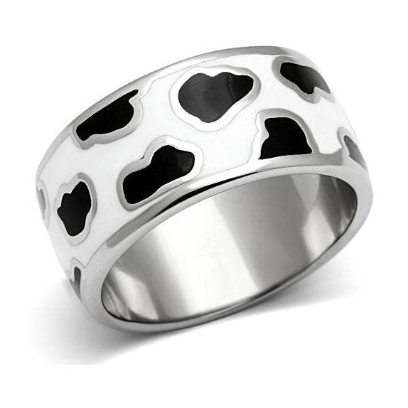 Stainless steel cow print ring with a bold black and white design for stylish women