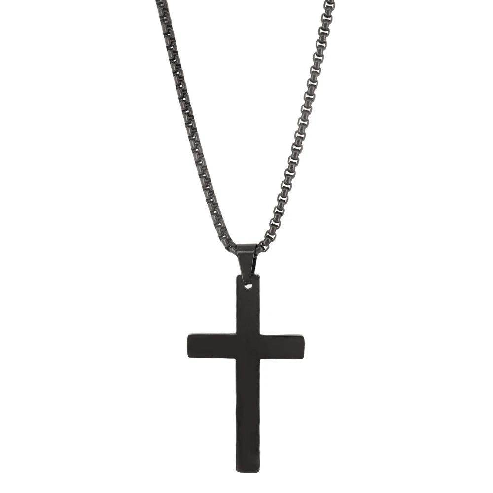 Sleek stainless steel cross necklace on a black chain for stylish men's jewelry
