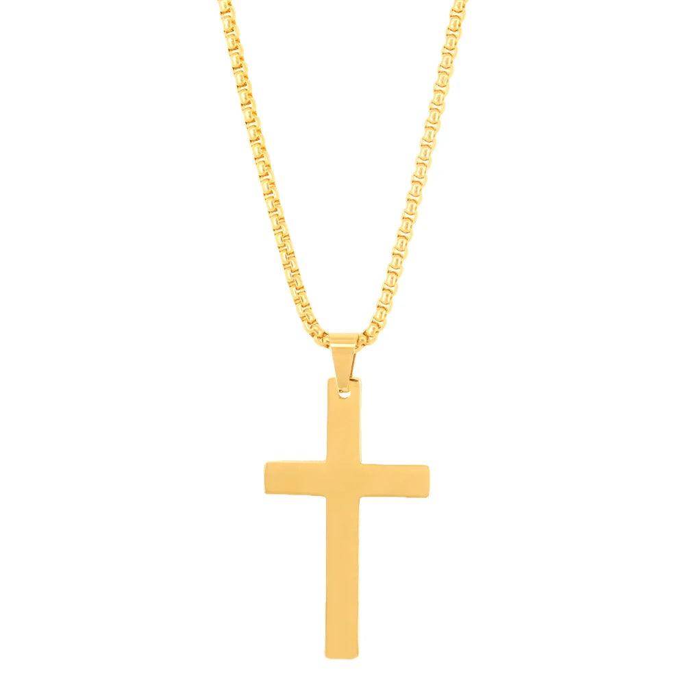 Gold stainless steel cross necklace for men featuring a sturdy chain and modern design