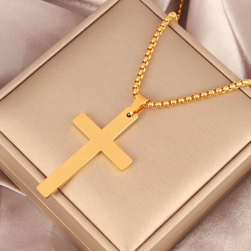 Stainless steel cross necklace with a gold finish, beautifully presented in a gift box