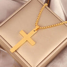 Stainless steel cross necklace with a gold finish, beautifully presented in a gift box