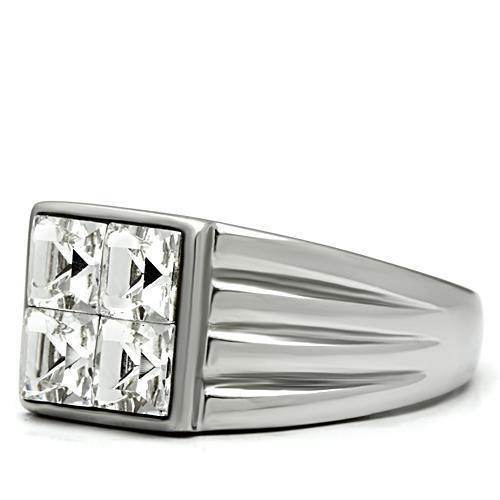 Men's stainless steel crystal ring featuring a sleek design with four square-cut crystals