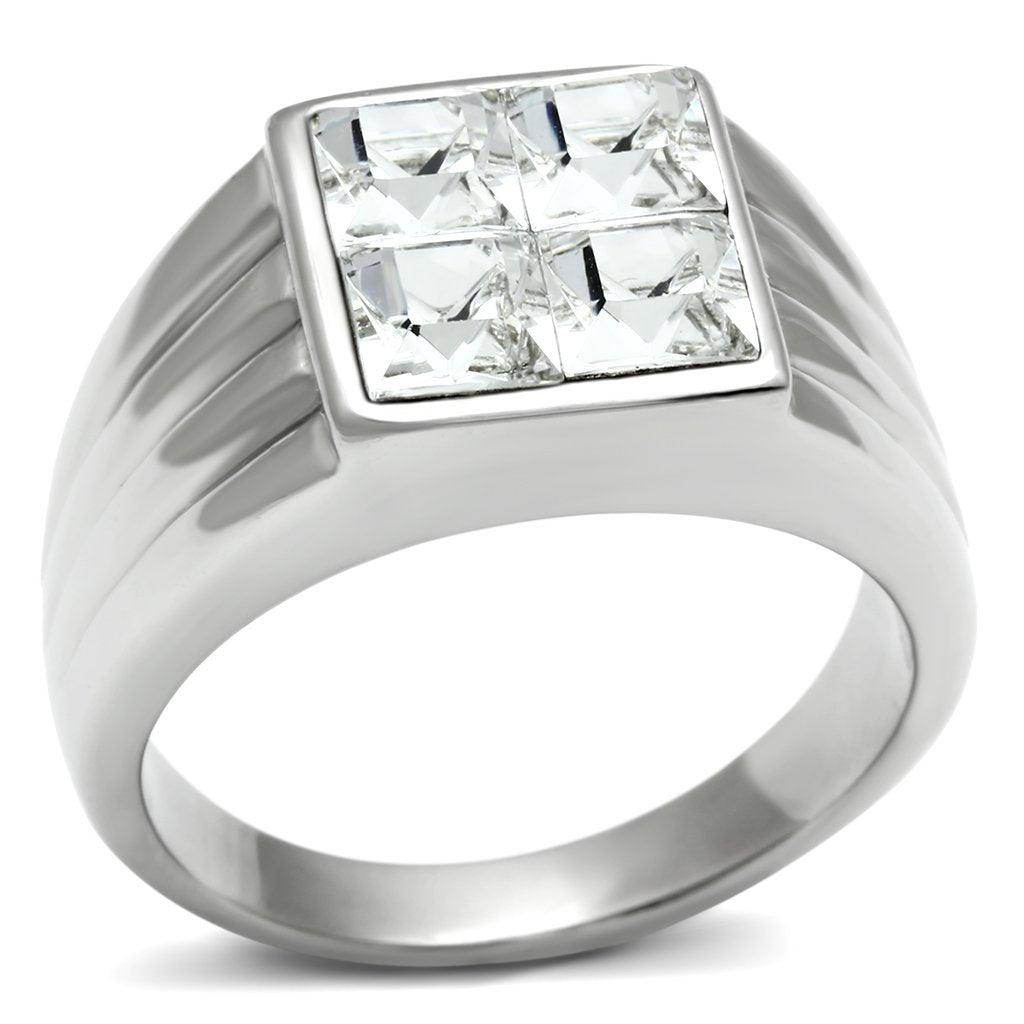 Stylish stainless steel crystal ring with a square design and four sparkling crystals for men