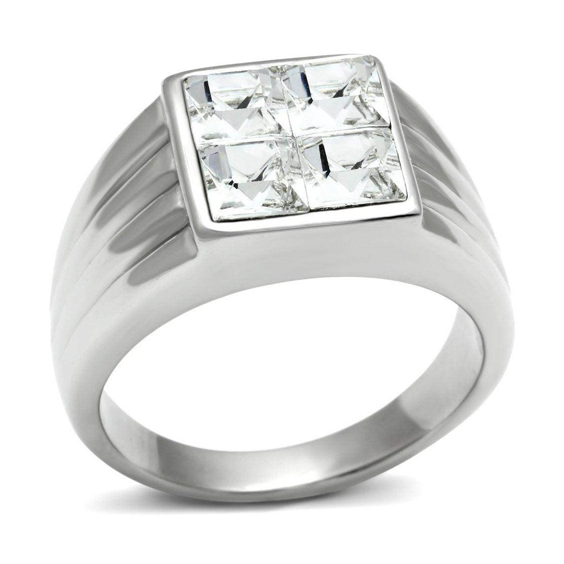 Stylish stainless steel crystal ring with a square design and four sparkling crystals for men