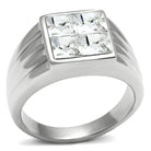 Stylish stainless steel crystal ring with a square design and four sparkling crystals for men