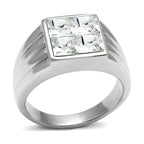 Stylish stainless steel crystal ring with a square design and four sparkling crystals for men