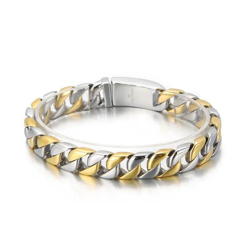 Stainless steel Cuban chain bracelet with gold and silver links for stylish men's jewelry