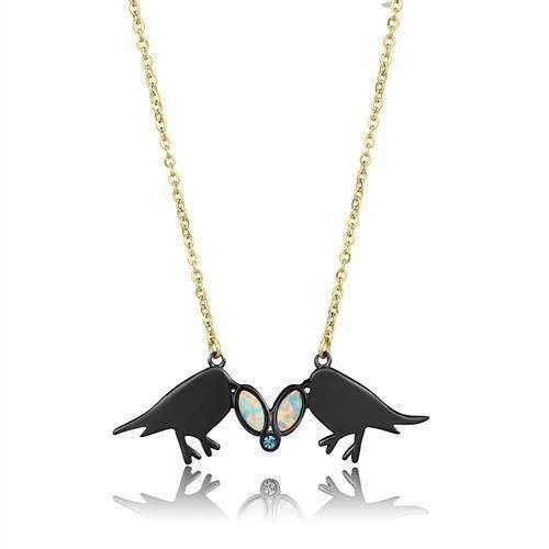 Unique stainless steel necklace gift for her featuring two birds with an opal accent