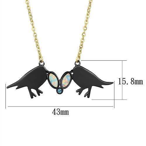 Black stainless steel necklace gift for her featuring two birds with opal accents