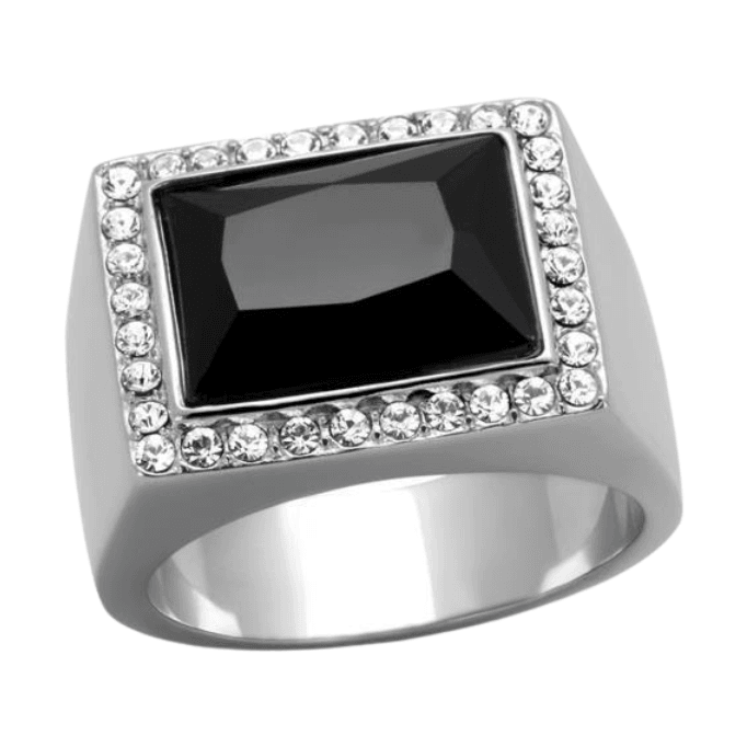 Stainless steel onyx ring with rectangular black stone and sparkling gem accents for men's fashion