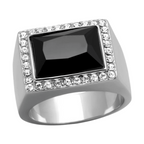 Stainless steel onyx ring with rectangular black stone and sparkling gem accents for men's fashion