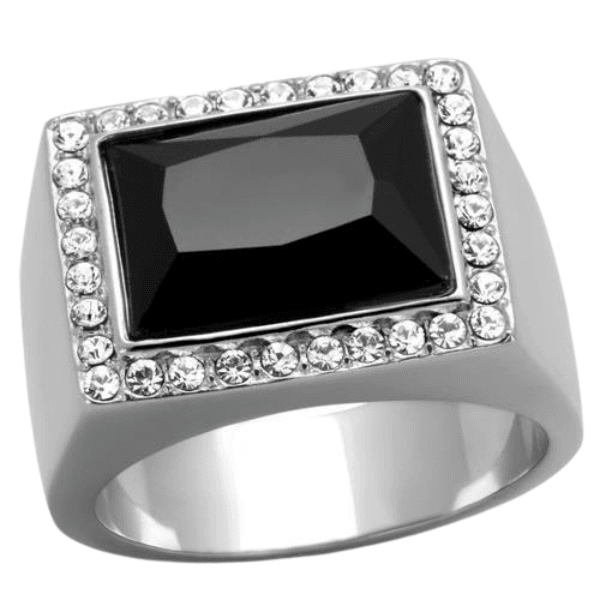 Stainless steel onyx ring with rectangular black stone and sparkling gem accents for men's fashion