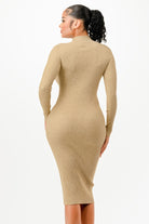 Back view of a beige stand collar bodycon sweater dress with long sleeves and ribbed texture