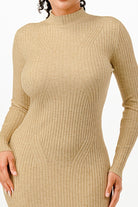 Women's stand collar bodycon sweater dress in beige with ribbed detail for a stylish look