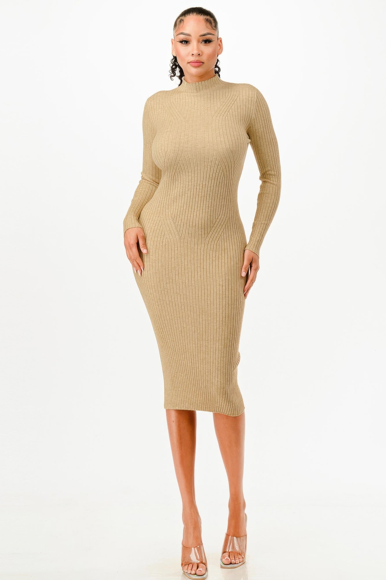Women’s stand collar bodycon sweater dress in tan with long sleeves and ribbed design