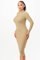 Stylish stand collar bodycon sweater dress in beige, perfect for casual or dressy occasions