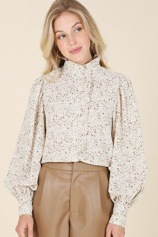 Women's Shirts Stand collar floral frill blouse