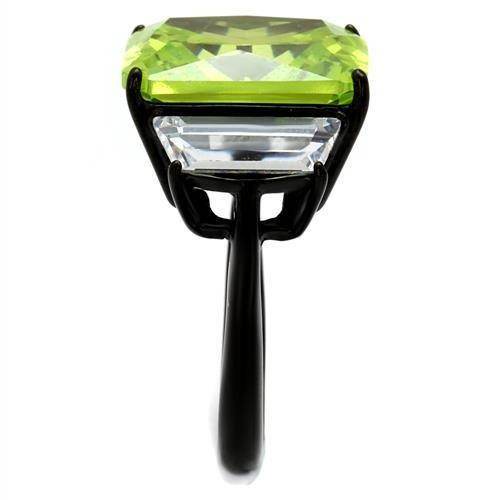 Stunning black metal statement cocktail ring for women featuring a large green gemstone and clear accents
