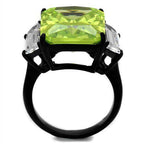 Bold statement cocktail ring for women featuring a large green center stone and two clear accent stones