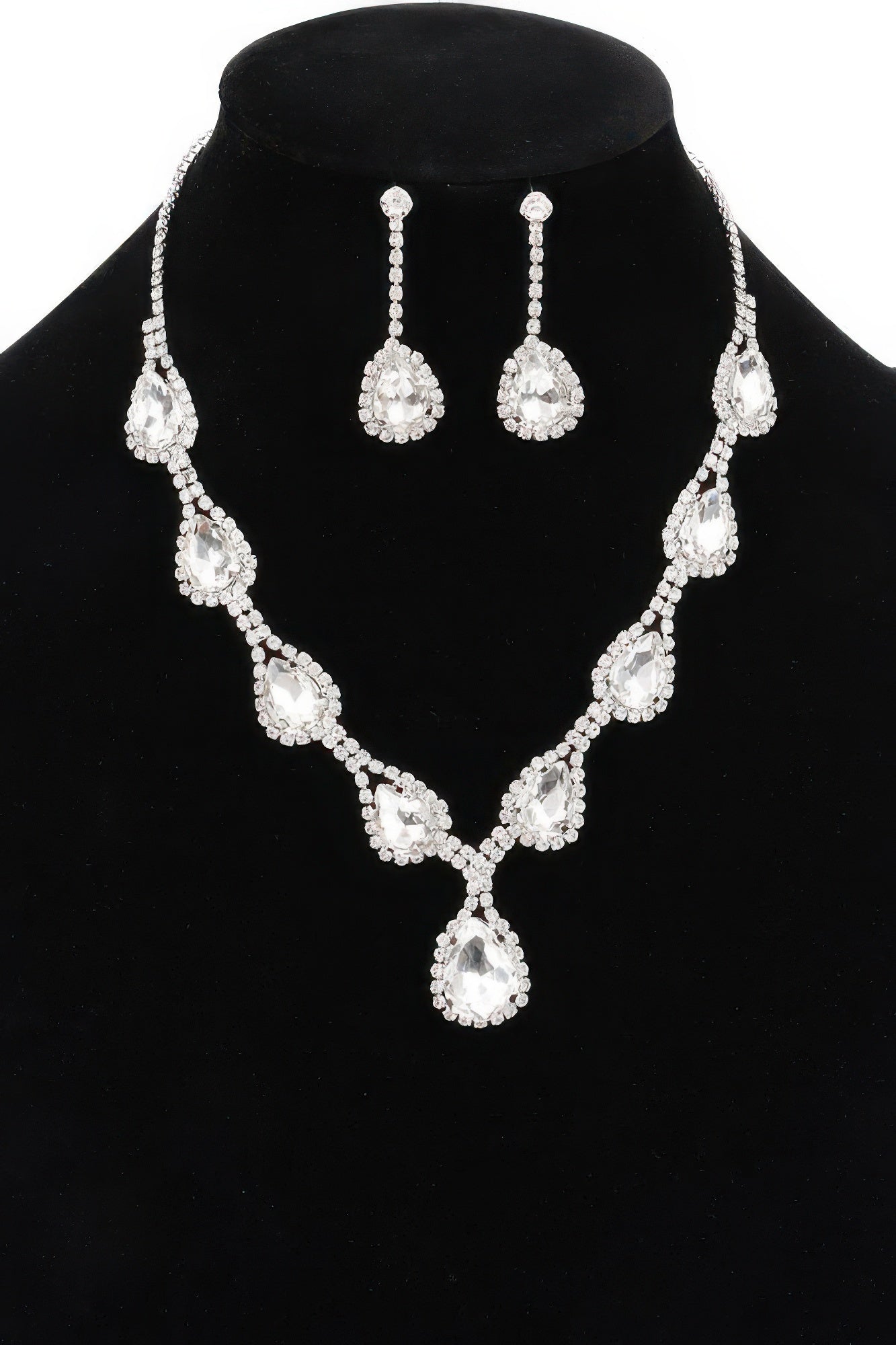 VacationGrabs statement holiday necklace and earring set with clear teardrop crystals on silver chain