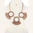 Stylish statement necklace and earring set for women featuring circular fringe design in neutral tones