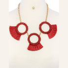 VacationGrabs statement necklace and earring set for women featuring red fringe and bead accents